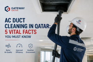 AC duct cleaning in Qatar - Gateway Qatar HVAC technician cleaning air conditioning ducts Doha