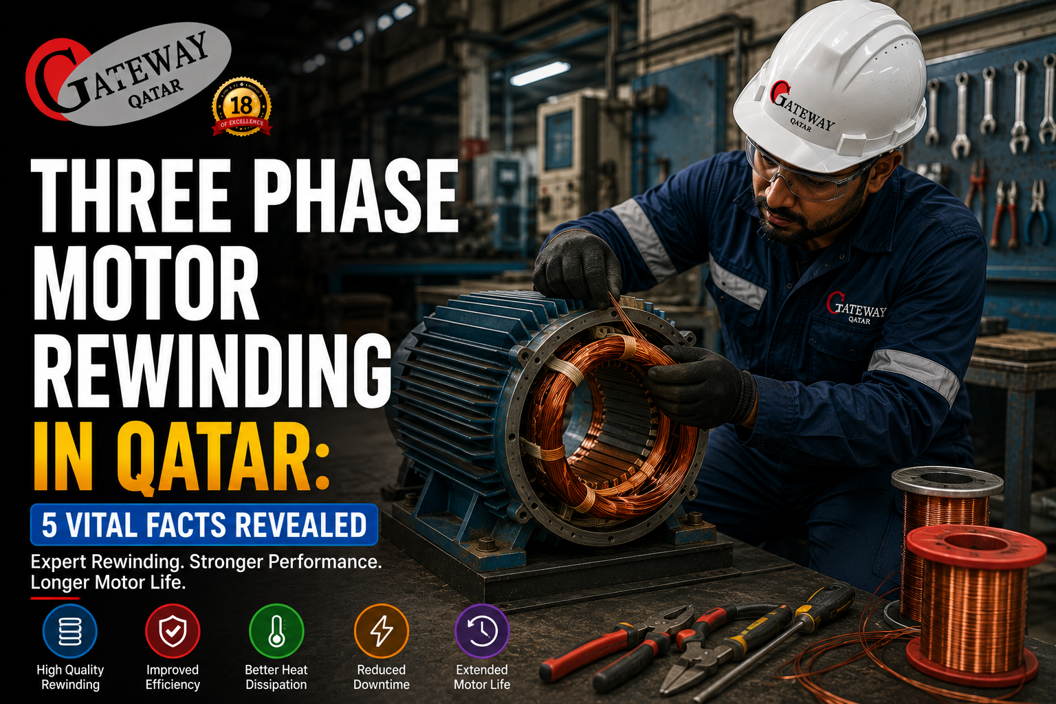 Three phase motor rewinding in Qatar - Gateway Technologies motor winding workshop Doha