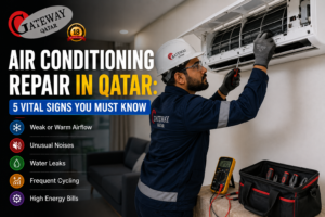 Air conditioning repair in Qatar - Gateway Qatar HVAC technician repairing AC unit Doha