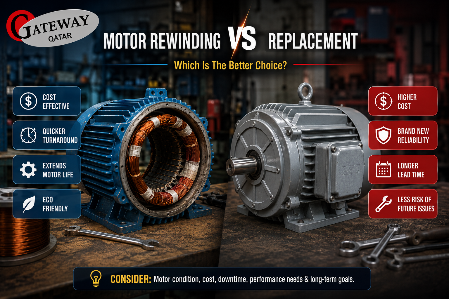 Motor rewinding vs replacement comparison - Gateway Technologies motor workshop Doha Qatar