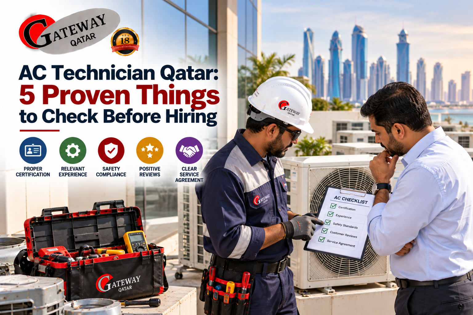 AC technician Qatar - Gateway Qatar qualified HVAC technician servicing air conditioning system Qatar